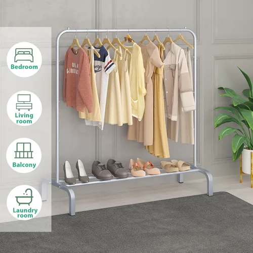 Vista 5 de JIUYOTREE Perchero de Metal para Ropa de 43.3 Pulgadas Perchero de Ropa Abrigos con Estante Inferior Perchero de Ropa para Colgar Ropa Abrigos Gris