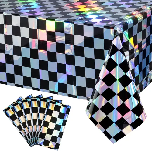 Vista 11 de 3 paquetes de mantel de plástico a cuadros negro y iridiscente, cubiertas de mesa rectangulares brillantes desechables con láser, mantel holográfico