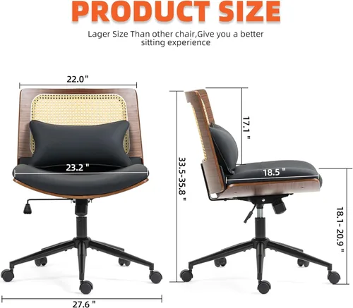 Vista 30 de Armless Modern Walnut Office Desk Chair with Wheels, PU Leather Adjustable Wide Swivel Executive Task Chair, Ergonomic Cross Legged Computer Chair