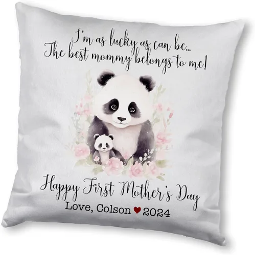 Vista 8 de Funda de almohada personalizada para el primer día de la madre, diseño de panda con niños, funda de almohada personalizada para el día de la madre