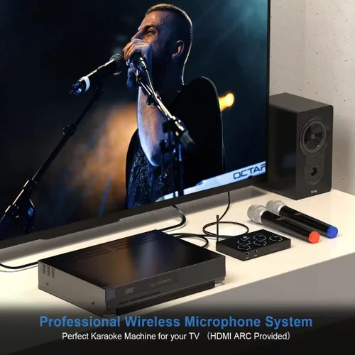 Vista 2 de DIGITNOW! Set de sistema de micrófono mezclador de karaoke portátil, con micrófono inalámbrico UHF dual, HDMI-ARC/Óptico/AUX e HDMI