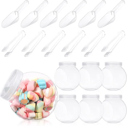 Vista 8 de Sunnyray 2 juegos de tarros de plástico para dulces de 51 onzas para bufé de dulces con tapas, tarros de barra transparente con cucharas y pinzas