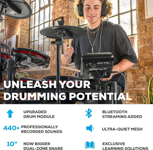 Vista 2 de Alesis Nitro Max Kit - Juego de batería eléctrica con almohadillas de malla silenciosas, caja de doble zona de 10 pulgadas, Bluetooth, más de 440