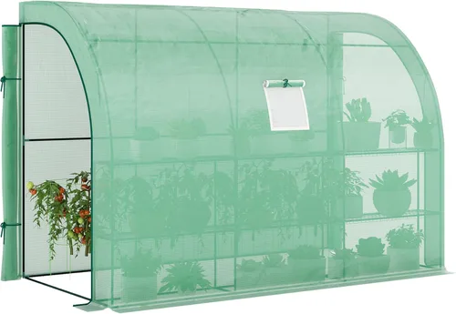 Vista 10 de Outsunny Invernadero Adosado de 10' x 5' x 7', Casa Verde Transitable, Vivero de Plantas con 2 Puertas Enrollables y Ventanas, Cubierta de PE y 3
