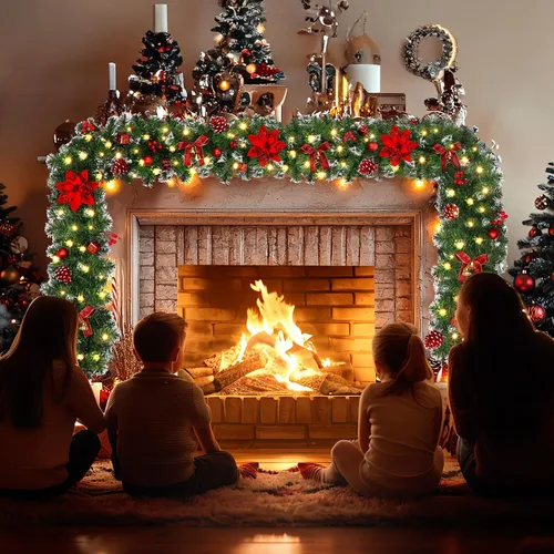 Vista 2 de DOIOWN Guirnalda de Navidad con luces, guirnalda de Navidad preiluminada de 9 pies para manto, guirnalda de 100 luces LED de decoración de Navidad