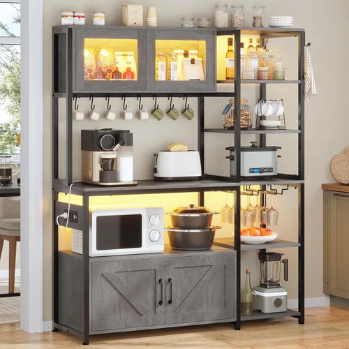Vista 8 de Itaar - Estante para hornear con tomacorriente y luz LED, gabinete de barra de café de granja de 45.3 pulgadas, soporte de cocina para microondas