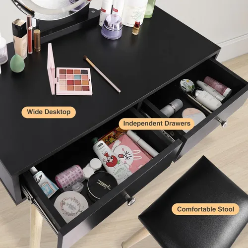 Vista 4 de Pequeño escritorio de tocador con espejo y luces, 3 modos de iluminación de color, mesa de maquillaje con cajones, brillo ajustable, taburete