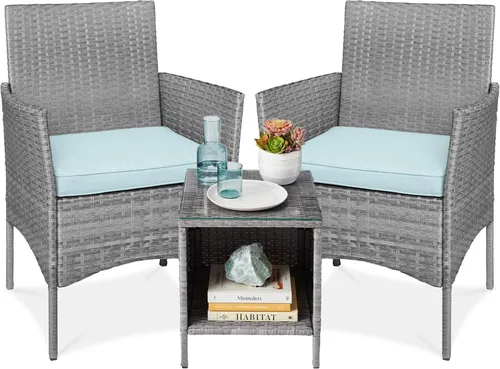 Vista 14 de Best Choice Products - Juego de 3 piezas de muebles de mimbre para conversación de patio, ahorrador de espacio, para jardín, con mesa auxiliar