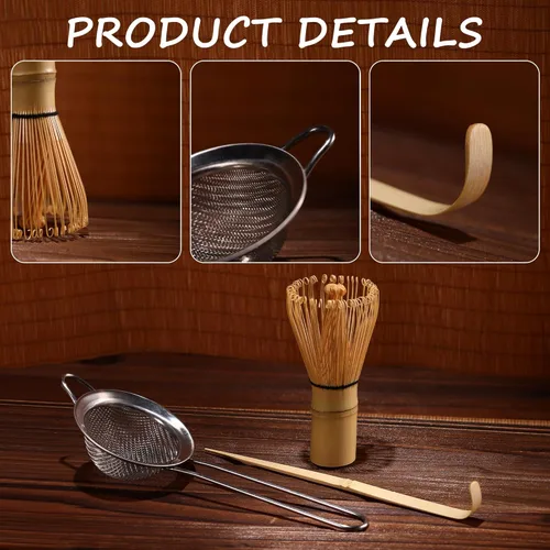 Vista 3 de Juego de batidor de matcha, batidor de matcha de bambú (Chasen), cuchara tradicional (chashaku), tamiz de acero inoxidable,Herramientas de té