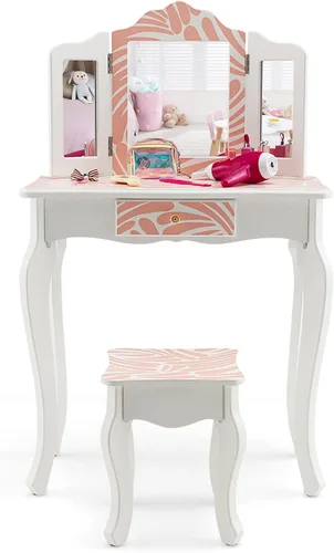 Vista 13 de HONEY JOY Juego de tocador para niños, mesa de maquillaje de madera estilo princesa con taburete y cajón, espejo de triple plegado, parte superior
