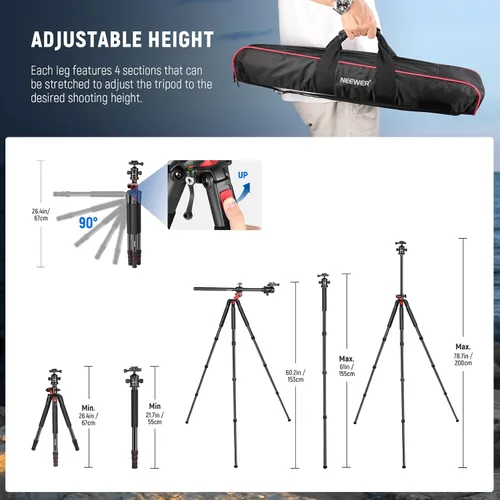 Vista 7 de NEEWER Camera Tripod Monopod with Center Column and Ball Head Aluminum, Arca Type QR Plate, Bag, Horizontal Tripod Overhead Camera Mount for DSLR