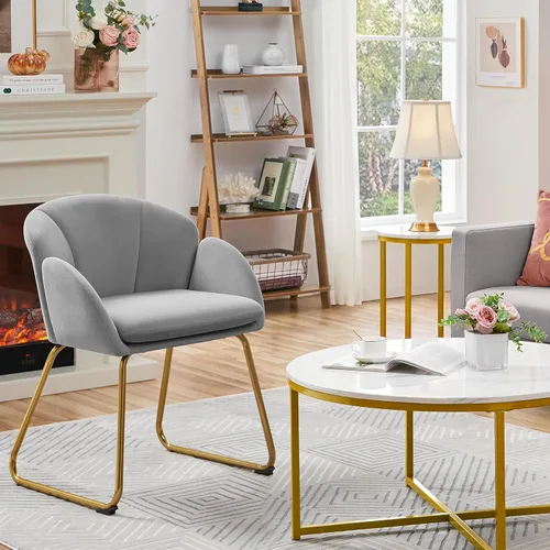 Vista 29 de Yaheetech Sillón moderno de piel sintética, silla de maquillaje en forma de flor con patas de metal dorado para sala de estar, sala de maquillaje