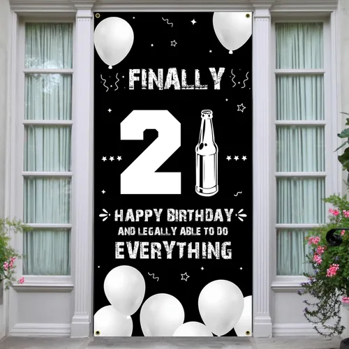 Fondo para puerta de cumpleaños de 21 años, decoraciones de feliz cumpleaños 21 para él, ella, negro y plateado, texto en inglés "Cheers to 21 años"