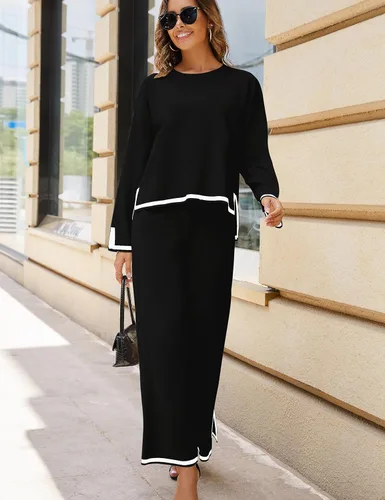 Vista 4 de Faleave Conjunto de 2 piezas de punto para mujer, suéter de manga larga, sin botones, pantalones de pierna ancha, conjunto de ropa deportiva