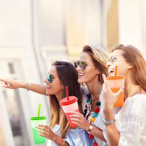 Vista 6 de FIEKEICC Vasos que cambian de color, 10 vasos de plástico de 12 onzas con tapas y pajitas para batidos de café helado, vasos reutilizables a prueba
