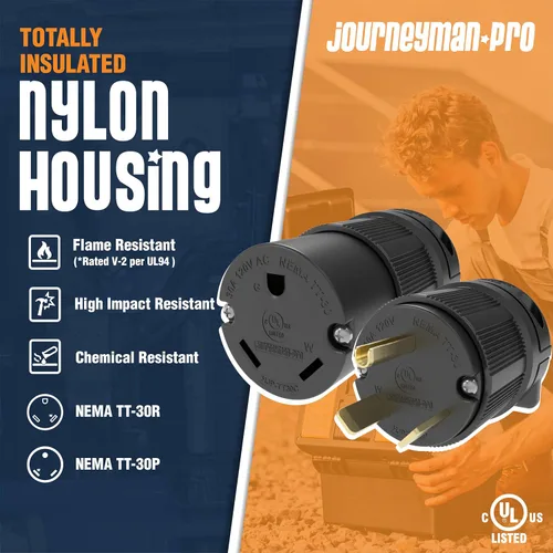 Vista 2 de Journeyman-Pro NEMA TT-30P, 30 amperios, 125 voltios, 3 clavijas macho de hoja recta de 3 clavijas, conector de enchufe para remolque, color negro