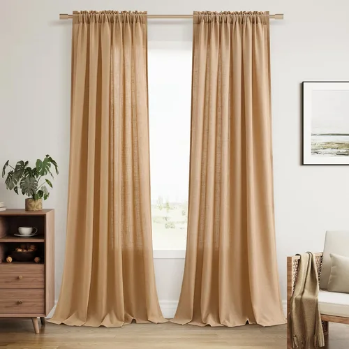 Vista 43 de Guken Cortinas de lino verde aguamarina de 84 pulgadas de largo, juego de 2 paneles semitransparentes con bolsillo para barra para comedor