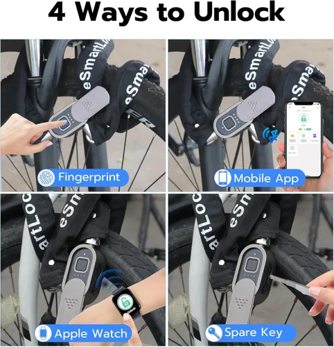 Vista 4 de Anweller Cerradura de cadena para bicicleta de huellas dactilares, resistente al robo, resistente a la intemperie, aplicación Bluetooth bloqueo