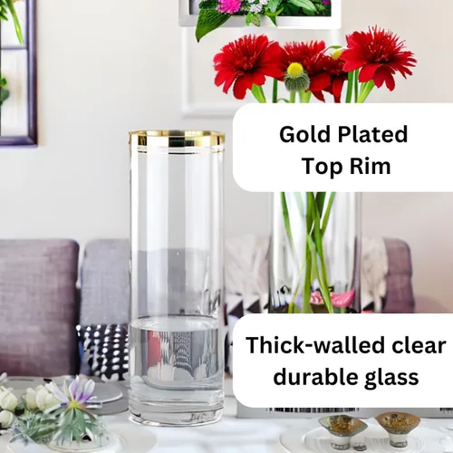 Vista 2 de Jarrones altos para flores, centros de mesa, decoración de boda, sala de estar, regalo, florero cilíndrico de vidrio transparente, chapado en oro