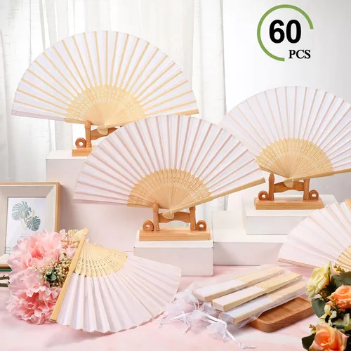 Vista 5 de Chunful 60 abanicos de mano plegables de seda con funda de tela, abanicos de mano plegados de bambú para invitados de boda, despedida de soltera