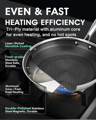 Vista 3 de Sartén antiadherente de 8 pulgadas con tapa, sartén híbrida antiadherente de acero inoxidable con mango de enfriamiento permanente, sin PFOA,