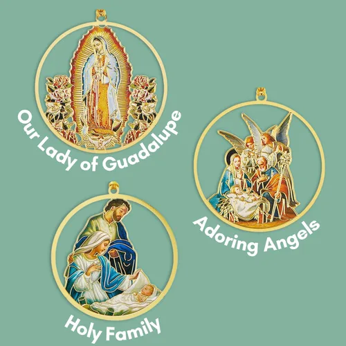 Vista 4 de Needzo Adornos religiosos de Navidad para colgar, decoración de latón católico con corte redondo para árbol, coronas o paredes, rellenos