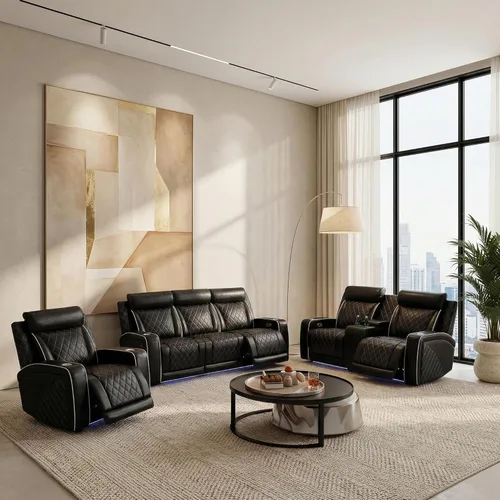 Vista 12 de Juego de sofá reclinable eléctrico de cuero con LED, juego de muebles de sala de estar, juego de sofá de cuero con puerto USB, consola