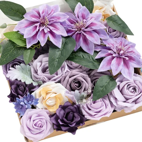 Vista 45 de Ling's moment Caja de flores artificiales, tallos de follaje artificial falso, rosas de espuma, dalia de seda, hierba de pampas, flor de tela