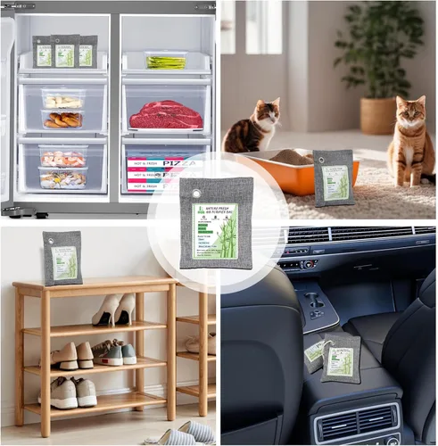 Vista 7 de Paquete de 4 absorbentes de olores de carbón activado. Nature Fresh Bolsa purificadora de aire de carbón de bambú para el hogar, armario