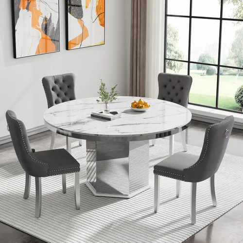 Vista 26 de Mesa de comedor extensible rectangular de mármol sintético blanco de 63 a 94 pulgadas para 6 a 10 personas, moderna mesa de comedor rectangular