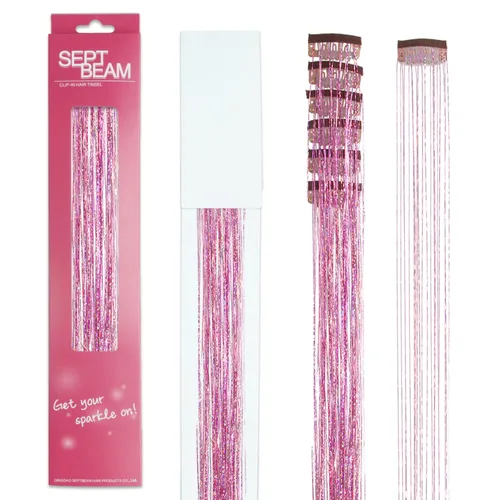 Vista 5 de Extensiones de cabello con clip de oropel rosa brillante y reflejos para cabello de 20.5 pulgadas, 6 unidades cada paquete, extensiones de cabello