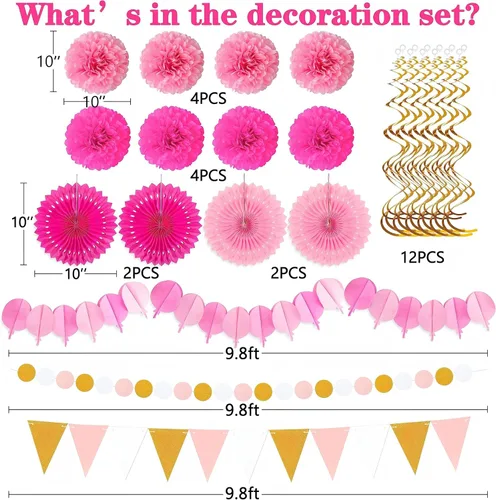 Vista 4 de Moon Boat Juego de abanicos de papel de 35 piezas - Decoración para cumpleaños, despedida de soltera, despedida de soltero, boda (color rosa)