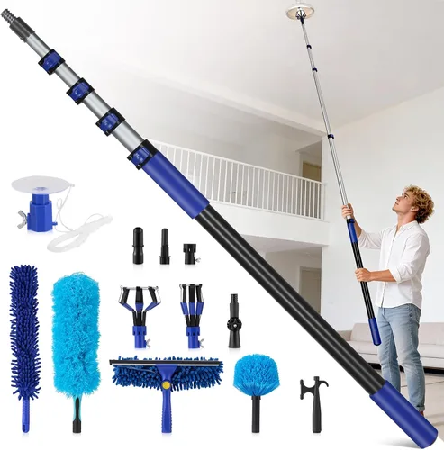 Cambiador de bombillas de alcance de 20 pies para techos altos con poste de extensión telescópico de 3.4 a 12.4 pies, kit de 11 piezas reutilizables