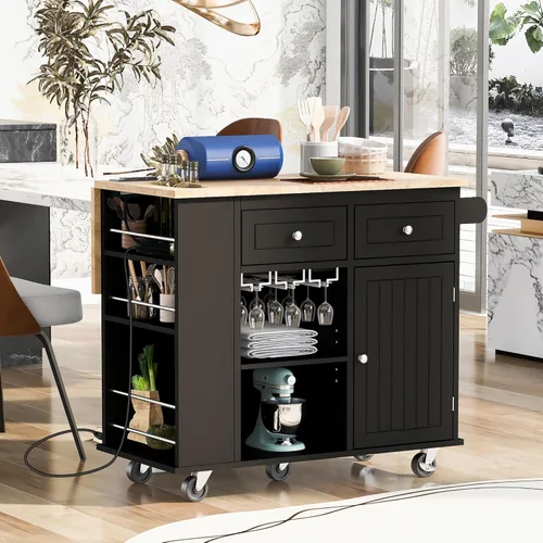Vista 139 de LUMISOL Carrito de isla de cocina con ruedas de bloqueo con 2 cajones y 4 gabinetes, isla de cocina rodante con estantes ajustables, mesa de madera
