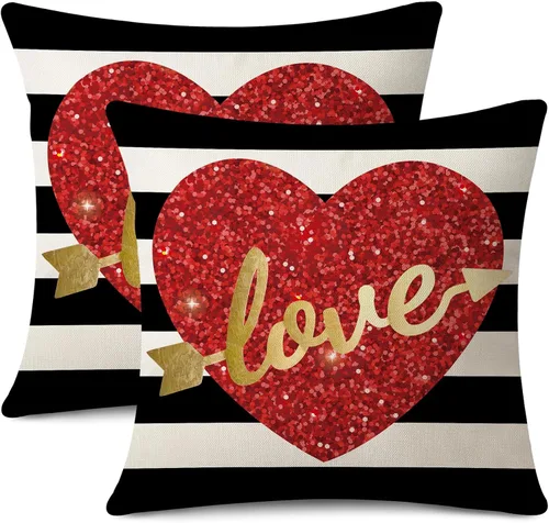 Coeufuedy Juego de 2 fundas de almohada decorativas para el Día de San Valentín de 18 x 18 pulgadas, con diseño de rayas blancas y negras, diseño de
