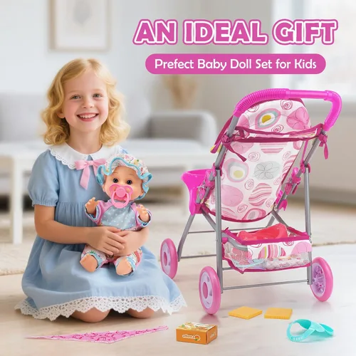 Vista 7 de Juego de cochecito de muñeca de bebé con muñeca de 12.5 pulgadas, mesa de comedor para bebé, mochila con portador, 21 piezas de accesorios