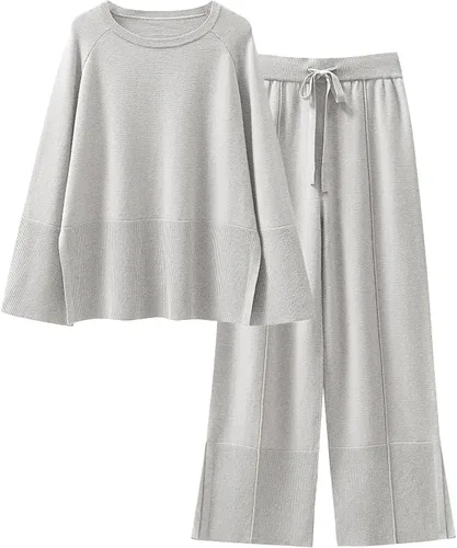Vista 13 de ANRABESS Conjunto de 2 piezas de suéter de punto de gran tamaño para mujer, pantalón de pierna ancha, conjunto de pijama a juego para descansar