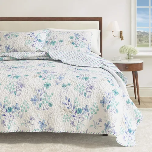 Vista 10 de Great Bay Home Marianne Collection - Juego de edredón de 3 piezas con fundas de almohada. Colcha reversible con diseño floral. Lavable a máquina.