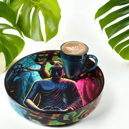 Vista 6 de Crocon Bandeja redonda decorativa para mesa de café, desayuno, bandeja otomana impresa con buda, portavelas, centros de mesa multiusos para comedor