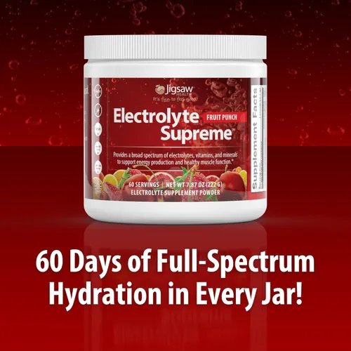 Vista 4 de Jigsaw Health Electrolyte Supreme Amplio espectro de electrolitos + oligominerales Sabor a ponche de frutas 60 porciones (tarro)