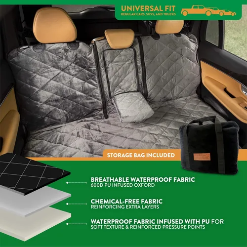 Vista 4 de Plush Paws Products Funda de asiento trasero convertible de terciopelo Costuras duraderas de diamante Funda de asiento trasero lavable e Gris