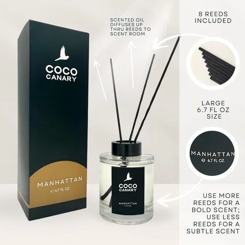 Vista 7 de Coco Canary Juego de difusor de varillas de 6.7 onzas líquidas, fragancia para el hogar, Manhattan, aroma masculino de larga duración, notas