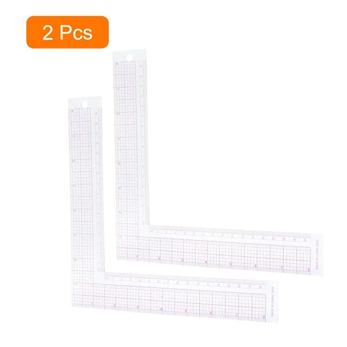 Vista 2 de Hitefu 2 reglas cuadradas en L para coser, herramienta de medición de ángulo en L y curva de plástico, esquina transparente para medición