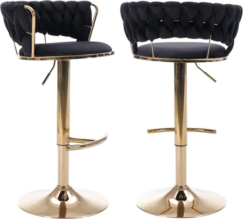 Vista 37 de Juego de 2 taburetes de bar giratorios de terciopelo, taburete de bar ajustable con respaldo tejido, sillas de comedor tapizadas, taburetes de bar