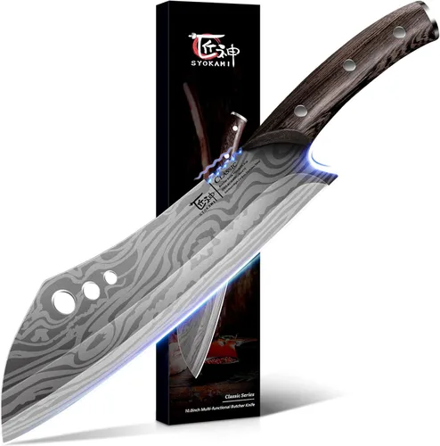 Vista 10 de SYOKAMI Cuchillo de chef con funda, cuchillo de carnicero de 7.7 pulgadas con pelador de hierbas, cuchillo de cortar huesos resistente, mango