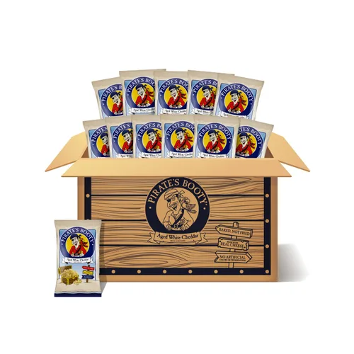 Frituras infladas Pirate's Booty de queso cheddar blanco añejo, sin gluten, aperitivos para niños, 1 onza (12 unidades)