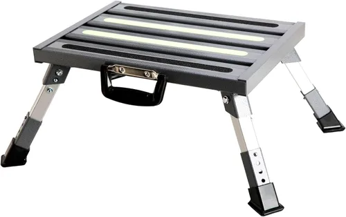 Vista 7 de Escalones de aluminio para caravana, taburete plegable ajustable de 4 niveles con patas de goma antideslizantes, plataforma de tira fluorescente
