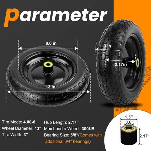 Vista 2 de Ruedas planas de repuesto de 13 pulgadas para neumáticos de carrito de jardín GOR, neumáticos sólidos 4.00-6 con rodamientos de 58 pulgadas, ruedas