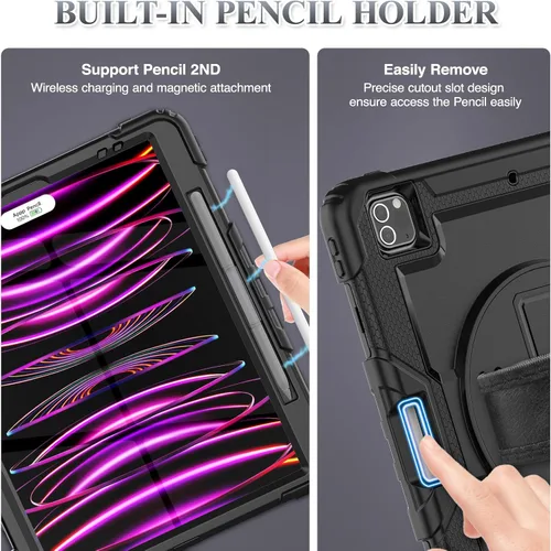 Vista 6 de SEYMAC stock Funda para iPad Pro de 12.9'' 2022/2021/2020/2018 con protector de pantalla giratorio 360 y correa de mano, funda a prueba de caídas
