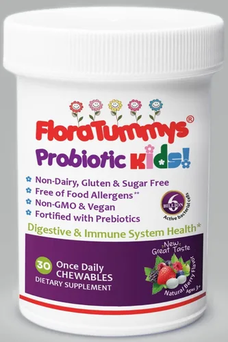 Vista 4 de FloraTummys Prebióticos probióticos masticables para niños: sin lácteos, sin gluten ni azúcar, sin maní ni soja, sin OMG, probado y libre